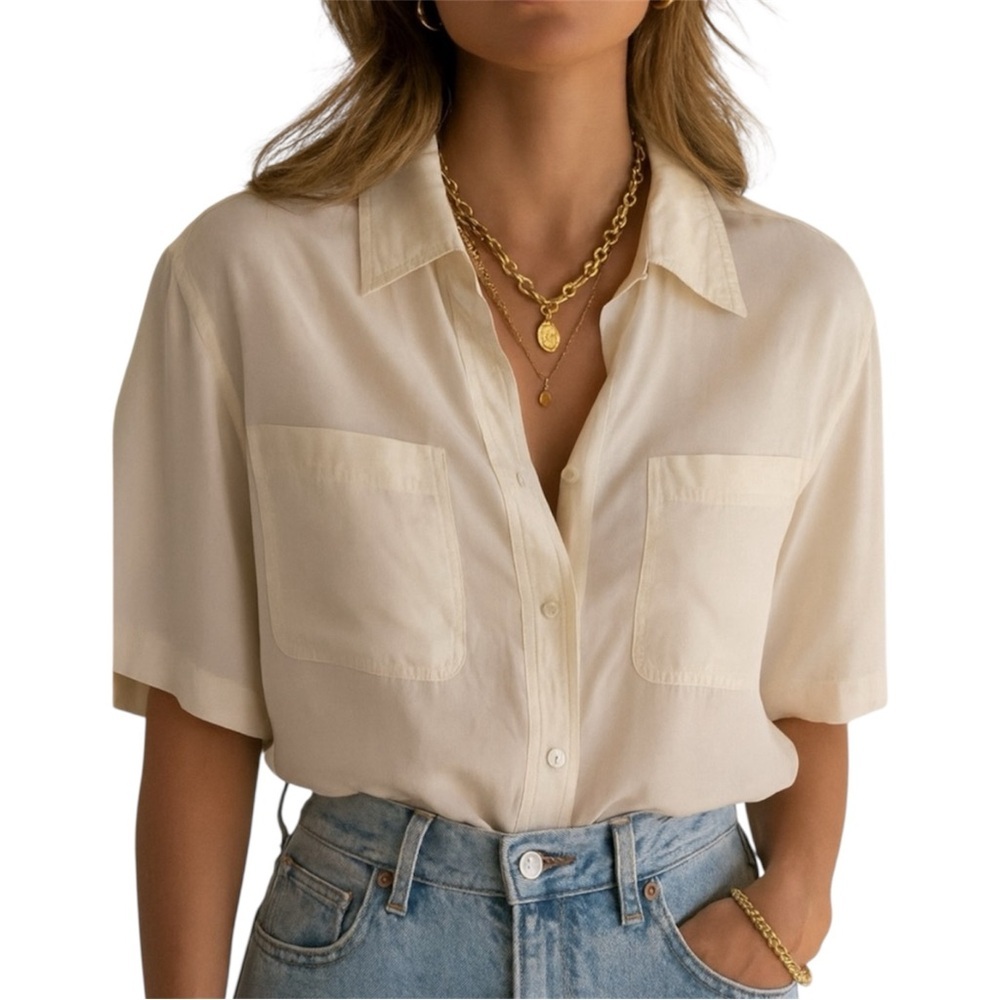 Vintage Cream Short-Sleeve Button-Front Blouse